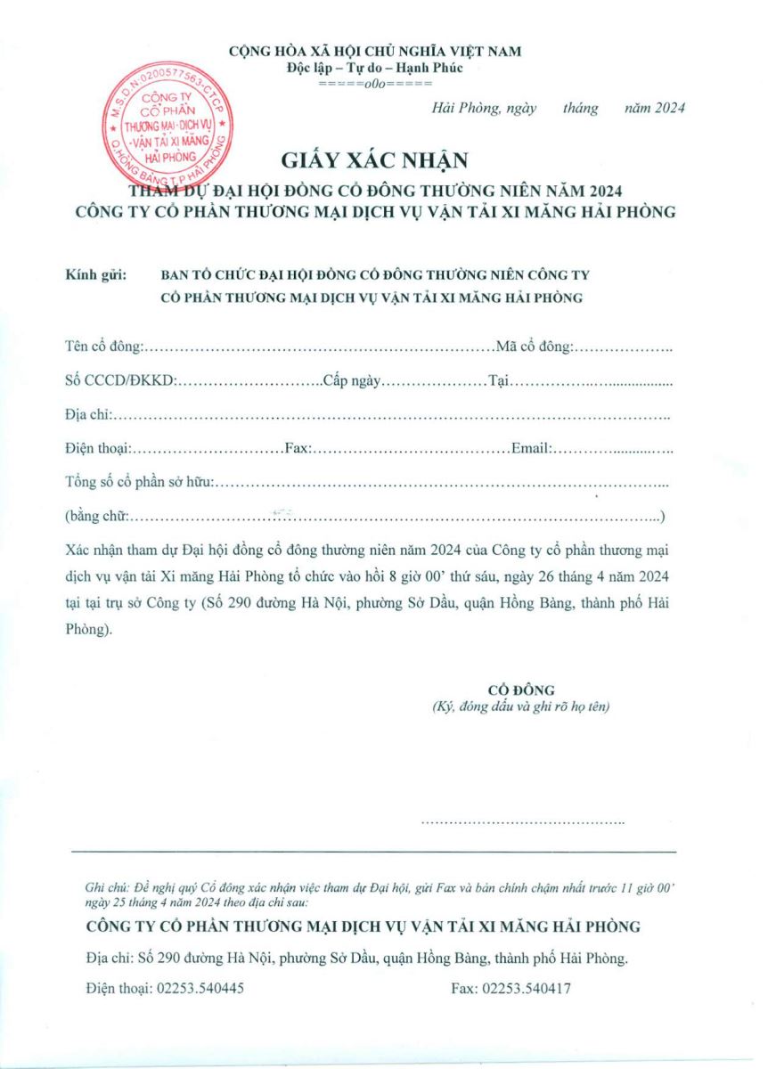 Giấy xác nhận tham dự ĐHĐCĐ thường niên năm 2024