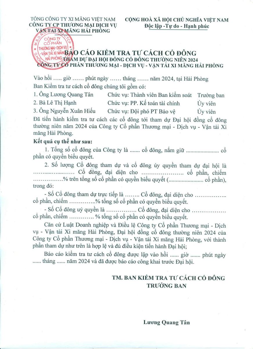 Mẫu báo cáo kiểm tra tư cách cổ đông tham dự ĐHĐCĐ thường niên năm 2024