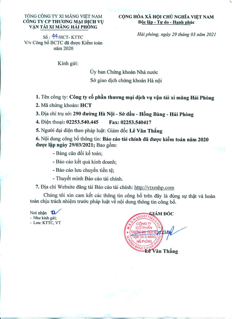 Công bố BCTC đã được kiểm toán năm 2020