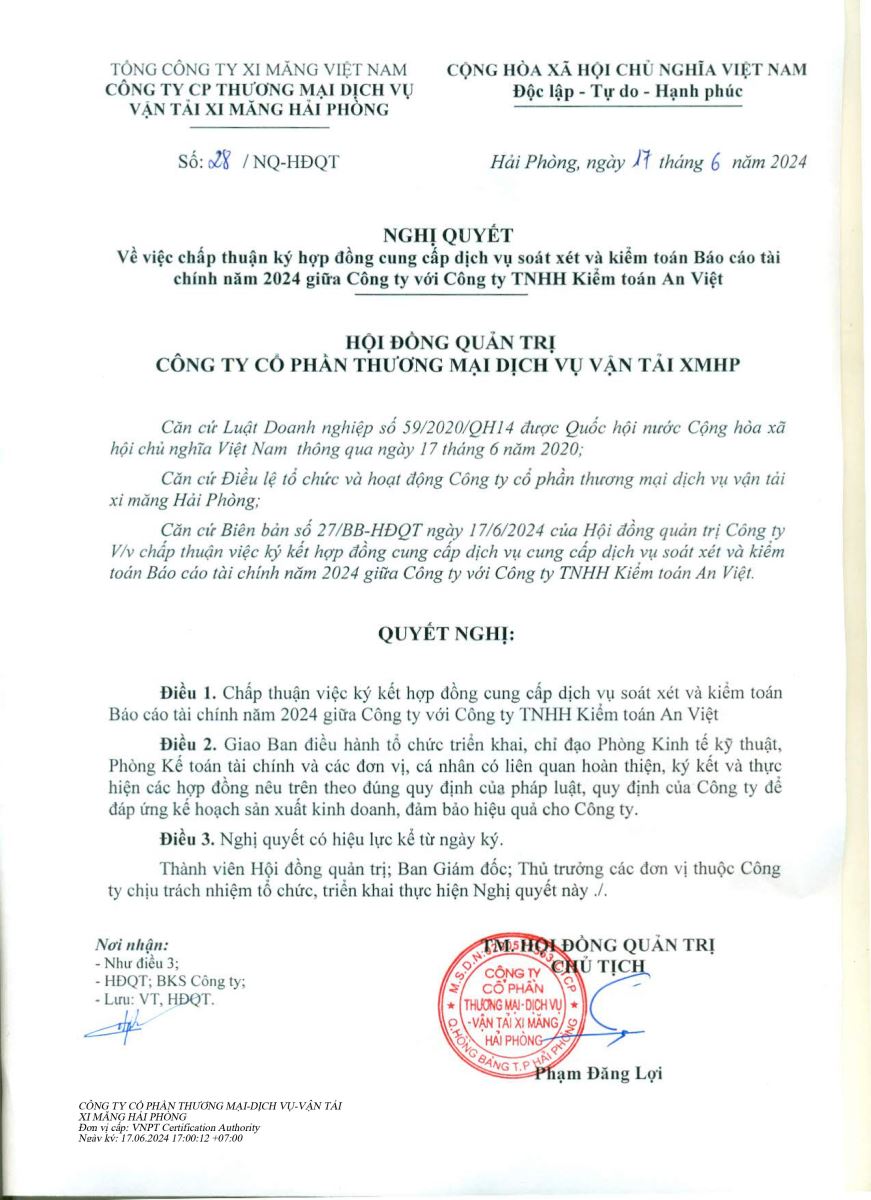 Công bố thông tin chấp thuận ký hợp đồng cung cấp dịch vụ soát xét và kiểm toán BCTC năm 2024